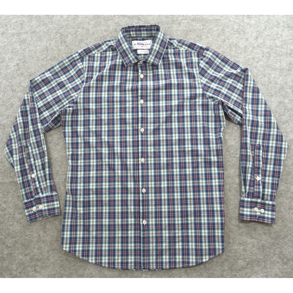 Mizzen Main Leeward Shirt Mens Large Blue Button Up Plaid Long Sleeve Trim Fit
